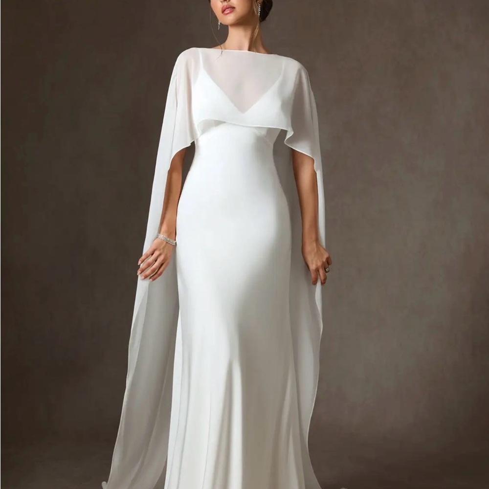 Azazie White Cape-Overlay Bridal Gown